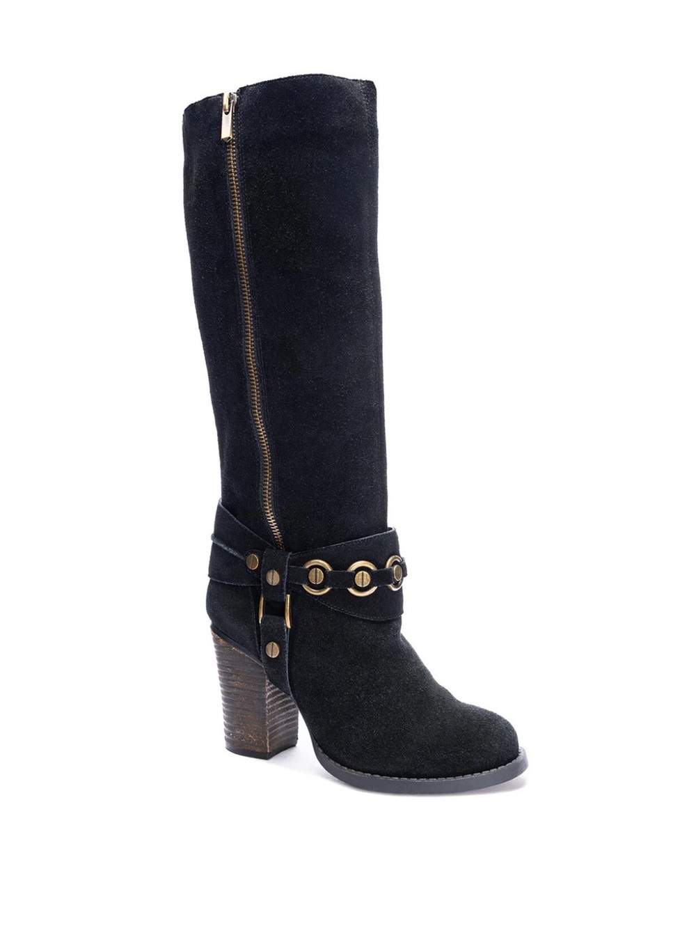 Chinese Laundry Black Suede Knee-High Heeled Boots with Gold Hardware Size 8